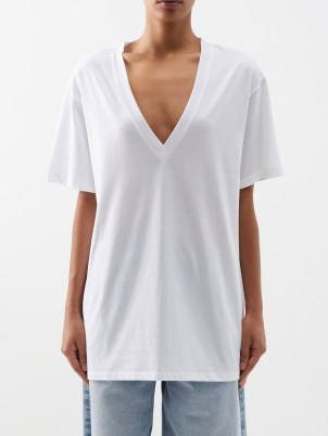 Raey Recycled-yarn deep V-neck T-shirt in white~ women’s sustainable relaxed fit tee ~ women’s recycled cotton and polyester t-shirts