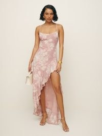 Reformation Winola Dress in Charity / strappy fitted bodice maxi dresses / ruffled thigh high cut out / floral occasion fashion