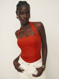 Reformation Malika Linen Top in Blood Orange / fitted halterneck tops / bright halter neck summer fashion
