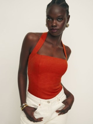 Reformation Malika Linen Top in Blood Orange / fitted halterneck tops / bright halter neck summer fashion - flipped