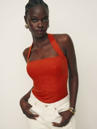 Reformation Malika Linen Top in Blood Orange / fitted halterneck tops / bright halter neck summer fashion