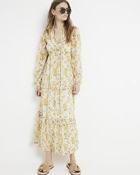 RIVER ISLAND Yellow Floral Tiered Swing Maxi Dress / long sleeve flower print ruffle trimmed dresses