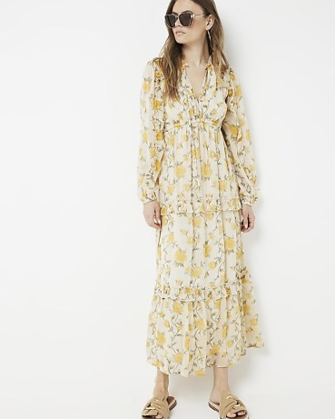 RIVER ISLAND Yellow Floral Tiered Swing Maxi Dress / long sleeve flower print ruffle trimmed dresses - flipped