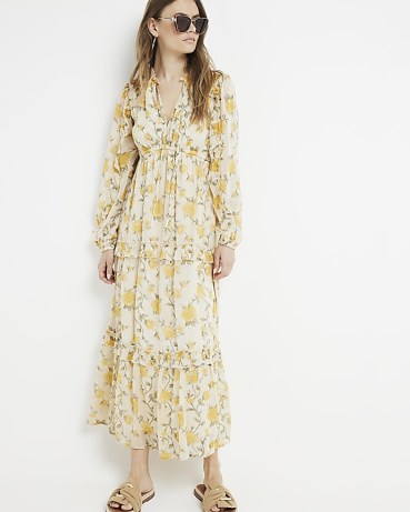RIVER ISLAND Yellow Floral Tiered Swing Maxi Dress / long sleeve flower print ruffle trimmed dresses