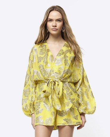 RIVER ISLAND Yellow Metallic Detail Tie Waist Playsuit / shimmering balloon sleeve playsuits - flipped