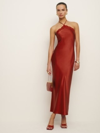 Reformation Aara Silk Dress in Sundried Tomato – red strappy halterneck maxi slip dresses – luxe silky fashion – luxury evening clothes - flipped