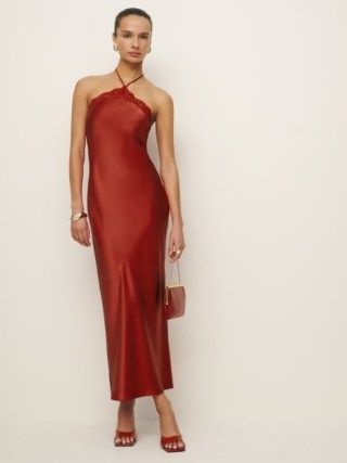 Reformation Aara Silk Dress in Sundried Tomato – red strappy halterneck maxi slip dresses – luxe silky fashion – luxury evening clothes