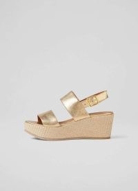 L.K. BENNETT Adriana Gold Leather Raffia Wedges / 70s inspired wedged sandal / vintage style wedge heel slingbacks / strappy metallic sandals