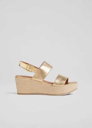 L.K. BENNETT Adriana Gold Leather Raffia Wedges / 70s inspired wedged sandal / vintage style wedge heel slingbacks / strappy metallic sandals - flipped