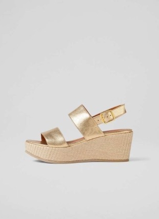 L.K. BENNETT Adriana Gold Leather Raffia Wedges / 70s inspired wedged sandal / vintage style wedge heel slingbacks / strappy metallic sandals