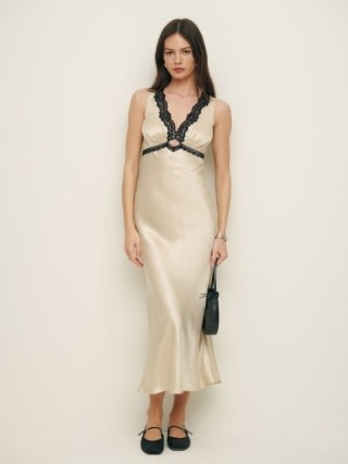 Reformation Aliceyn Silk Dress in Almond / luxe vintage style lace trimmed slip dresses / luxury fashion - flipped