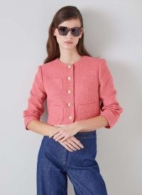 L.K. BENNNETT Allie Pink Recycled Cotton Italian Tweed Jacket ~ women’s colarless textured cropped jackets ~ chic classic clothing styles