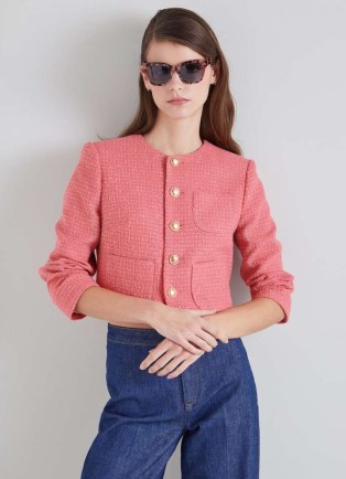 L.K. BENNNETT Allie Pink Recycled Cotton Italian Tweed Jacket ~ women’s colarless textured cropped jackets ~ chic classic clothing styles - flipped