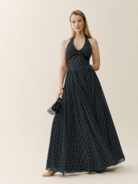 Reformation Amaris Dress in Caviar Dot / spot print halterneck fit and flare maxi dresses / luxury summer occasion clothing