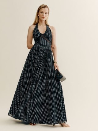 Reformation Amaris Dress in Caviar Dot / spot print halterneck fit and flare maxi dresses / luxury summer occasion clothing - flipped