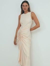 REISS ATELIER FELICITY RUCHED BODYCON MIDI DRESS BLUSH ~ chic sleeveless gathered detail dresses ~ sophisticated asymmetric occasionwear