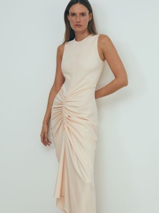 REISS ATELIER FELICITY RUCHED BODYCON MIDI DRESS BLUSH ~ chic sleeveless gathered detail dresses ~ sophisticated asymmetric occasionwear