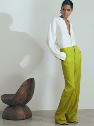REISS PENELOPE ATELIER SLIM ITALIAN TEXTURED FLARED SUIT: TROUSERS in GREEN ~ women’s premium flares ~ luxe fashion - flipped