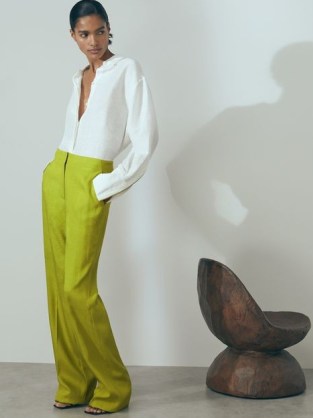 REISS PENELOPE ATELIER SLIM ITALIAN TEXTURED FLARED SUIT: TROUSERS in GREEN ~ women’s premium flares ~ luxe fashion
