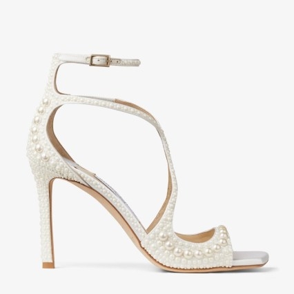 JIMMY CHOO Azia 95 White Satin Sandals with All-Over Pearls – luxury occasion sandal with pearl embellishments – luxe bridal shoes – - flipped
