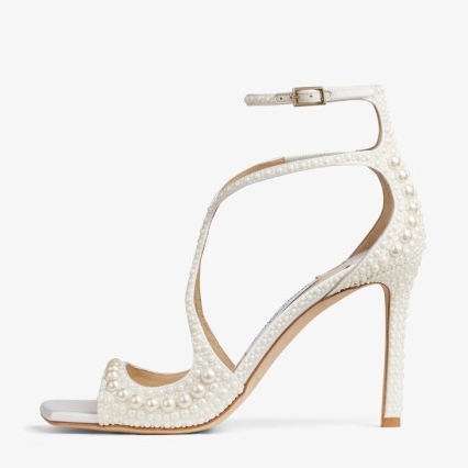 JIMMY CHOO Azia 95 White Satin Sandals with All-Over Pearls – luxury occasion sandal with pearl embellishments – luxe bridal shoes –