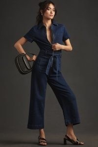 Maeve The Colette Weekend Denim Jumpsuit – women’s dark blue short sleeve tie waist jumpsuits – womens all-in-one weekend clothing