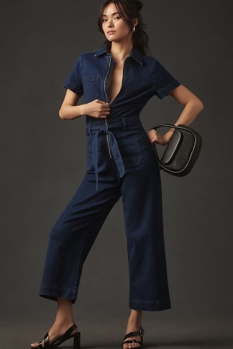 Maeve The Colette Weekend Denim Jumpsuit – women’s dark blue short sleeve tie waist jumpsuits – womens all-in-one weekend clothing - flipped