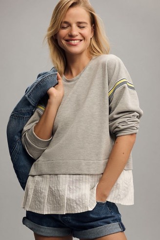 Maeve Stripe Tape Twofer Blouse in Grey ~ women’s feminine sweatshirt