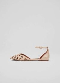L.K. BENNETT Bianca Camel Leather Cage-Front Flat Sandals ~ light brown ankle strap flats
