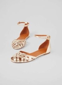 L.K. BENNETT Bianca Gold Leather Cage-Front Flat Sandals ~ metallic leather ankle strap flats