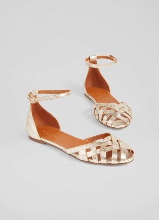 L.K. BENNETT Bianca Gold Leather Cage-Front Flat Sandals ~ metallic leather ankle strap flats - flipped