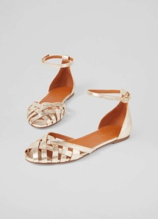 L.K. BENNETT Bianca Gold Leather Cage-Front Flat Sandals ~ metallic leather ankle strap flats