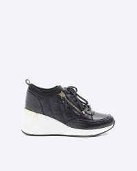 River Island Black Quilted Side Zip Wedge Trainers | sporty monochrome wedges | wedged trainer