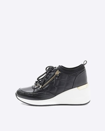 River Island Black Quilted Side Zip Wedge Trainers | sporty monochrome wedges | wedged trainer - flipped