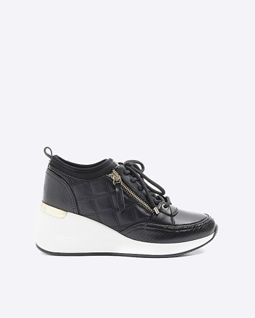 River Island Black Quilted Side Zip Wedge Trainers | sporty monochrome wedges | wedged trainer