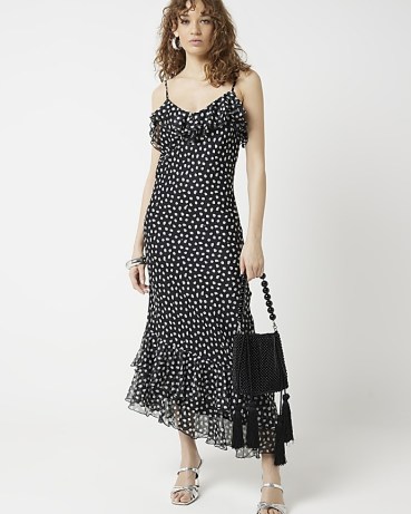 River Island Black Ruffle Asymmetric Spot Midi Dress | ruffled polka dot slip dresses | strappy evening fashion - flipped