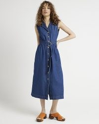 River Island Blue Belted Denim Midi Shirt Dress | sleeveless collared dresses | women’s summer fashion