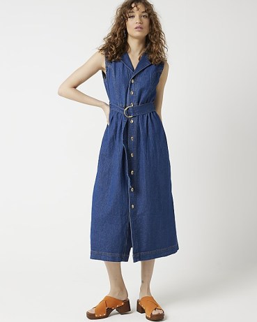 River Island Blue Belted Denim Midi Shirt Dress | sleeveless collared dresses | women’s summer fashion - flipped