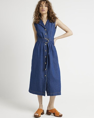 River Island Blue Belted Denim Midi Shirt Dress | sleeveless collared dresses | women’s summer fashion