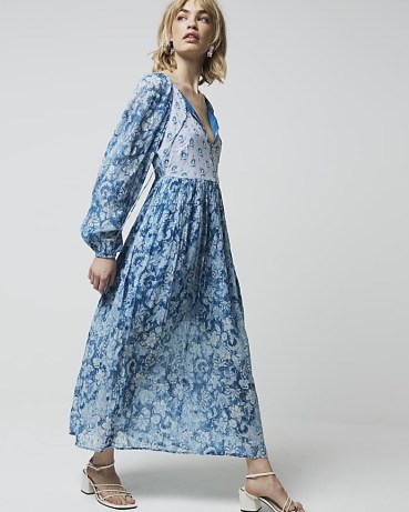 River Island Blue Floral Glitter Detail Smock Maxi Dress | floaty baloon sleeve vintage style dresses | 70s retro inspired fashion - flipped