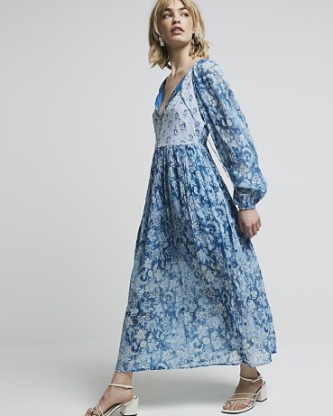 River Island Blue Floral Glitter Detail Smock Maxi Dress | floaty baloon sleeve vintage style dresses | 70s retro inspired fashion