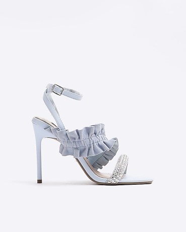 RIVER ISLAND Blue Frill Strap Heeled Sandals ~ ruffled party heels - flipped