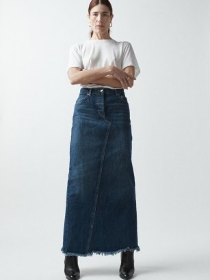 Raey Split-back organic cotton-blend raw edge maxi skirt in blue | long length skirts - flipped