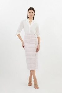 KAREN MILLEN Blush Boucle Pencil Skirt in Blush – pale pink tweed style midi skirts