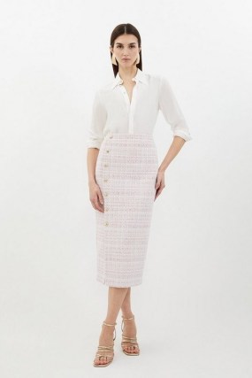 KAREN MILLEN Blush Boucle Pencil Skirt in Blush – pale pink tweed style midi skirts - flipped