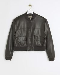 River Island Brown Faux Leather Crop Bomber Jacket | women’s cropped jackets