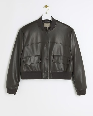 River Island Brown Faux Leather Crop Bomber Jacket | women’s cropped jackets