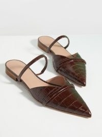 Malone Souliers Frankie backless brown leather point-toe flats | croc embossed flat shoes