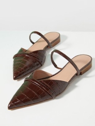 Malone Souliers Frankie backless brown leather point-toe flats | croc embossed flat shoes - flipped