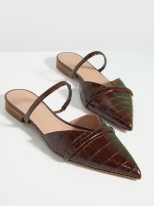 Malone Souliers Frankie backless brown leather point-toe flats | croc embossed flat shoes